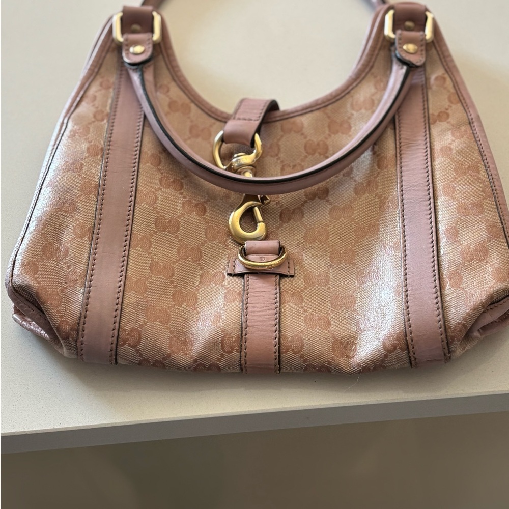 Gucci Jackie Beige/Pink GG Coated Canvas Shoulder Bag with Pink Leather Trim - Picture 9 of 15